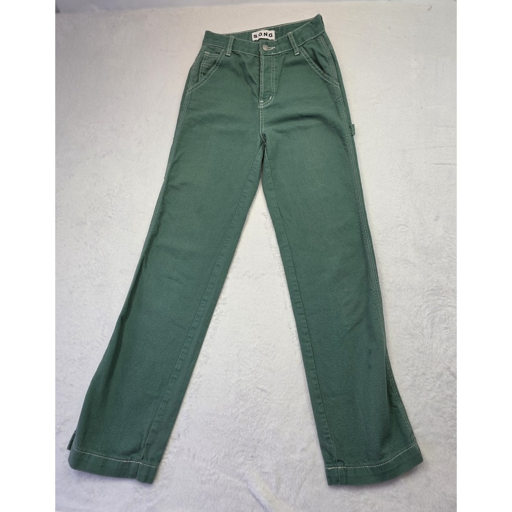 S.O.N.G. Green Wide Leg Pants Womens Size 0 Cotton Contrast Stitch Y2K